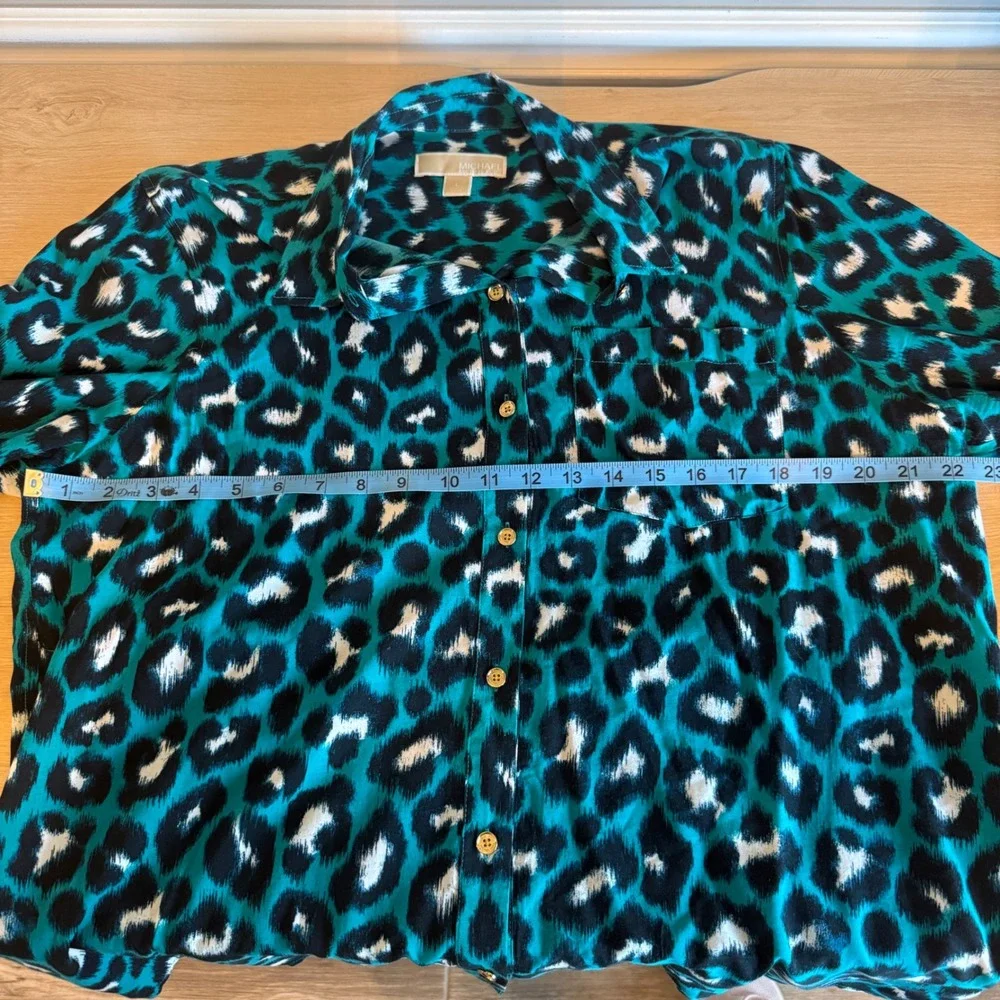Michael‎ Kors Womens Teal Leopard Print Button Down Short Sleeve Blouse Large